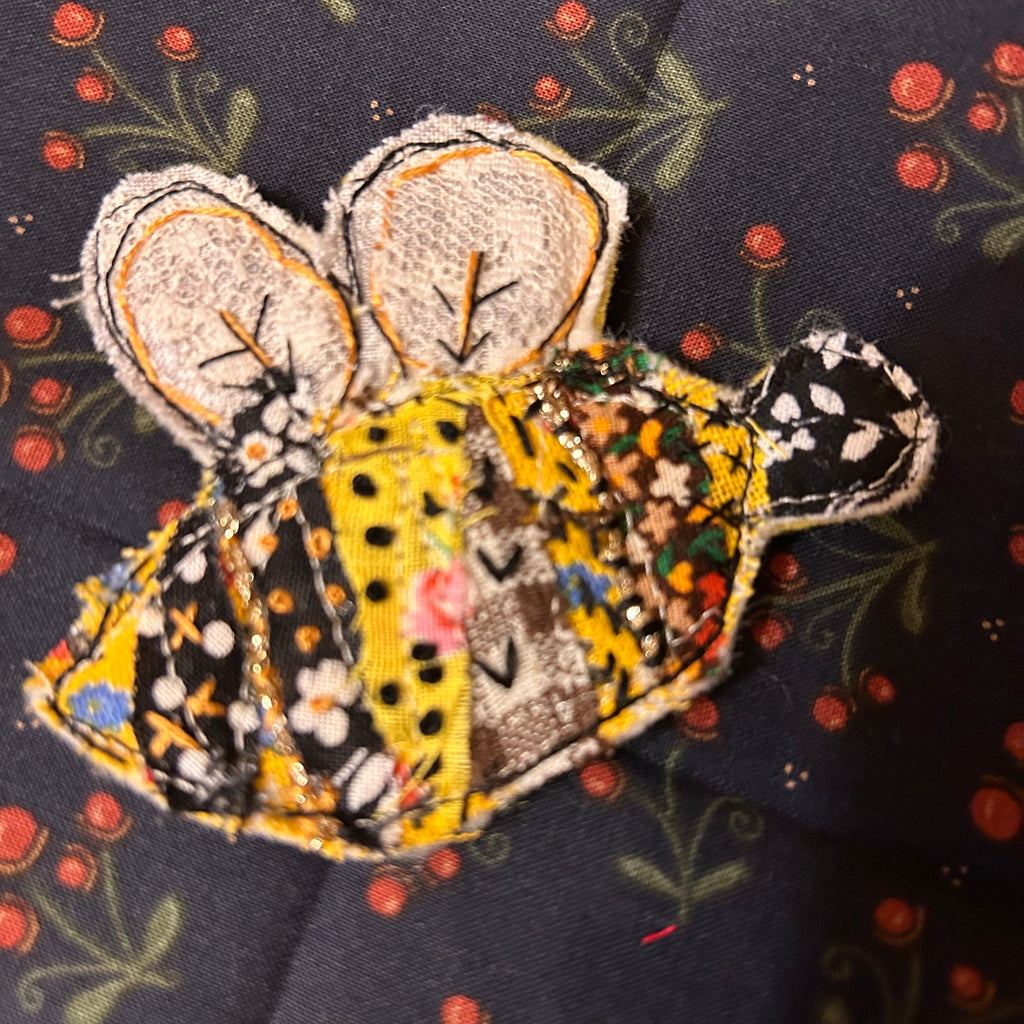 Honeybee slow-stitched pin - black and yellow striped bee