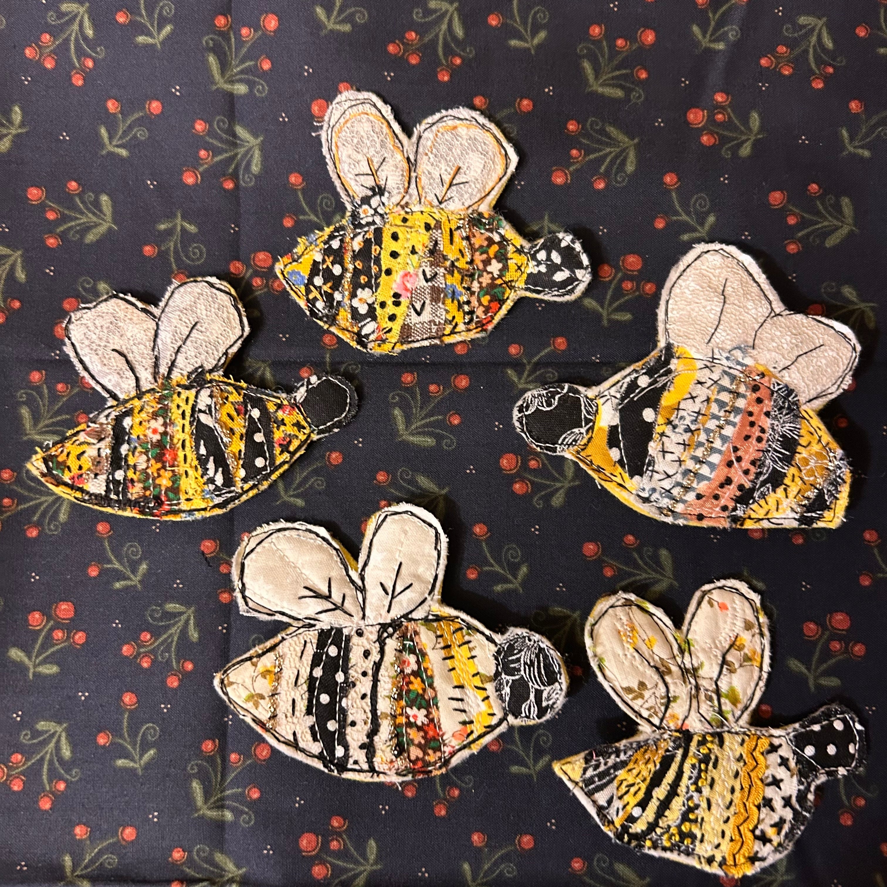Honeybee slow-stitched pin - yellow and black patchwork bee